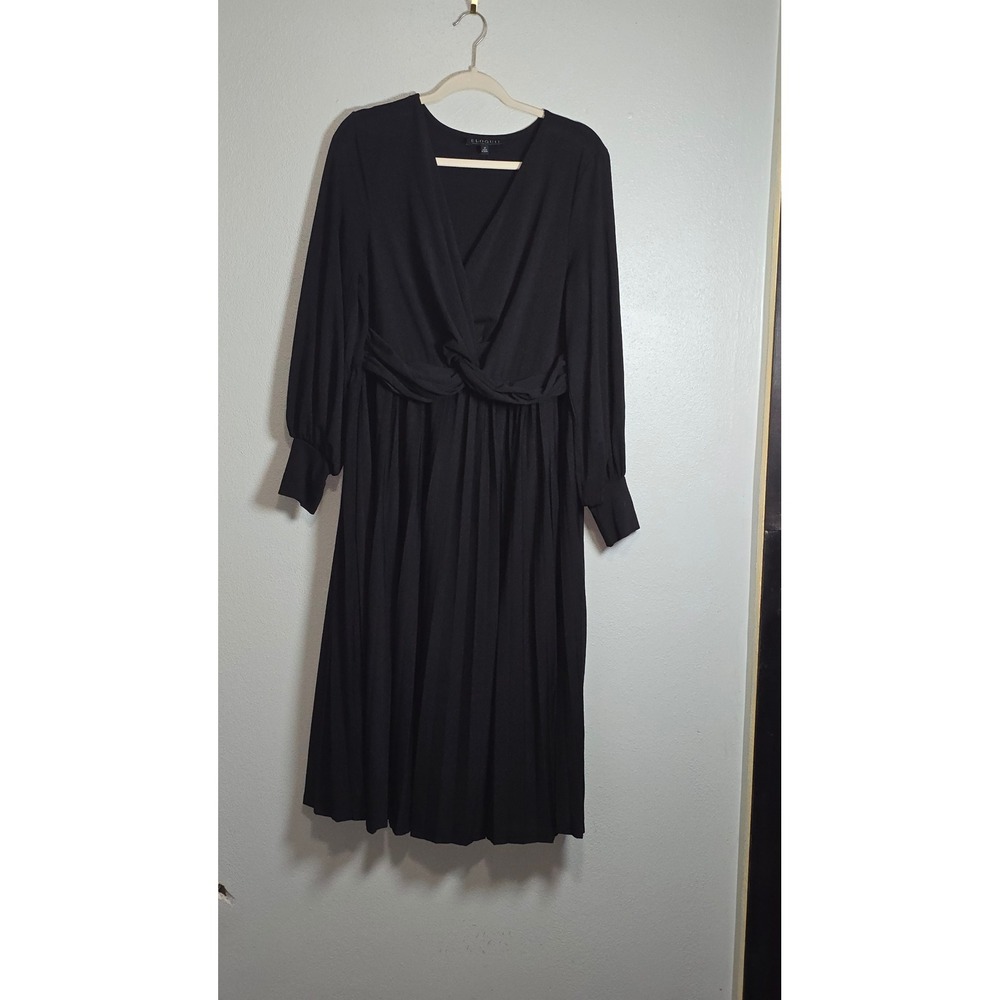 Eloquii Black Twist Front Pleated Midi Dress Size 16 Long Sleeve V-Neck classic